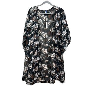 Apt 9 Women Floral Kimono Linear Topper Open Semi Sheer Flare Sleeve Black Sz OS